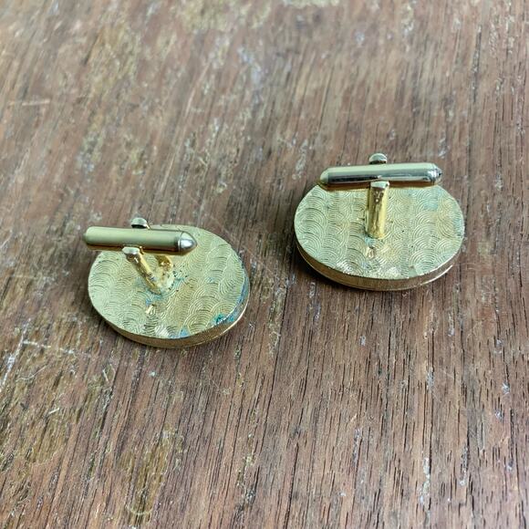 Vintage Retro green yellow floral pattern Gold‎ tone Enamel Cufflinks Cuff Links - Picture 5 of 5